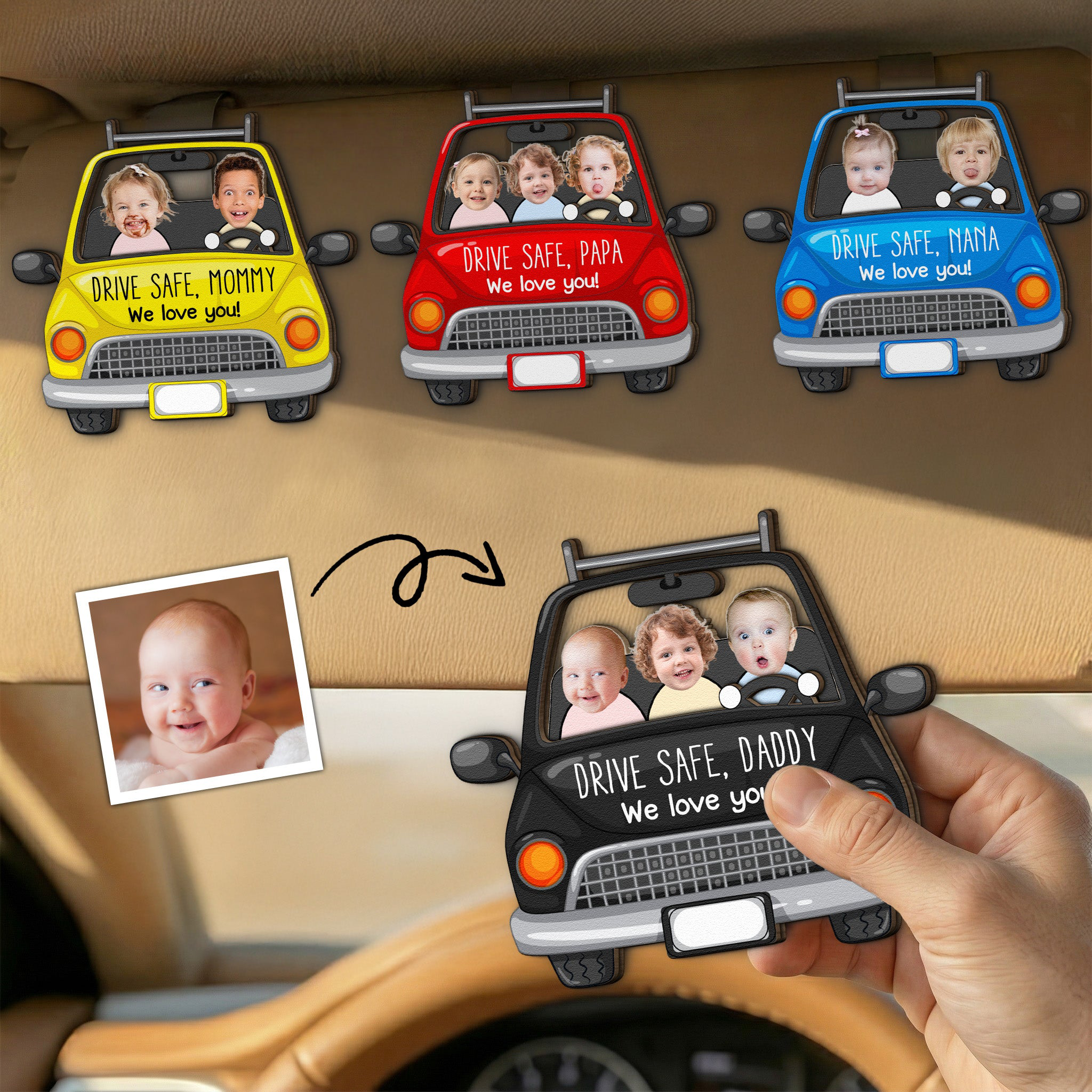 Custom Babies Face Drive Safe Daddy Personalized Photo Wooden Car Visor Clip
