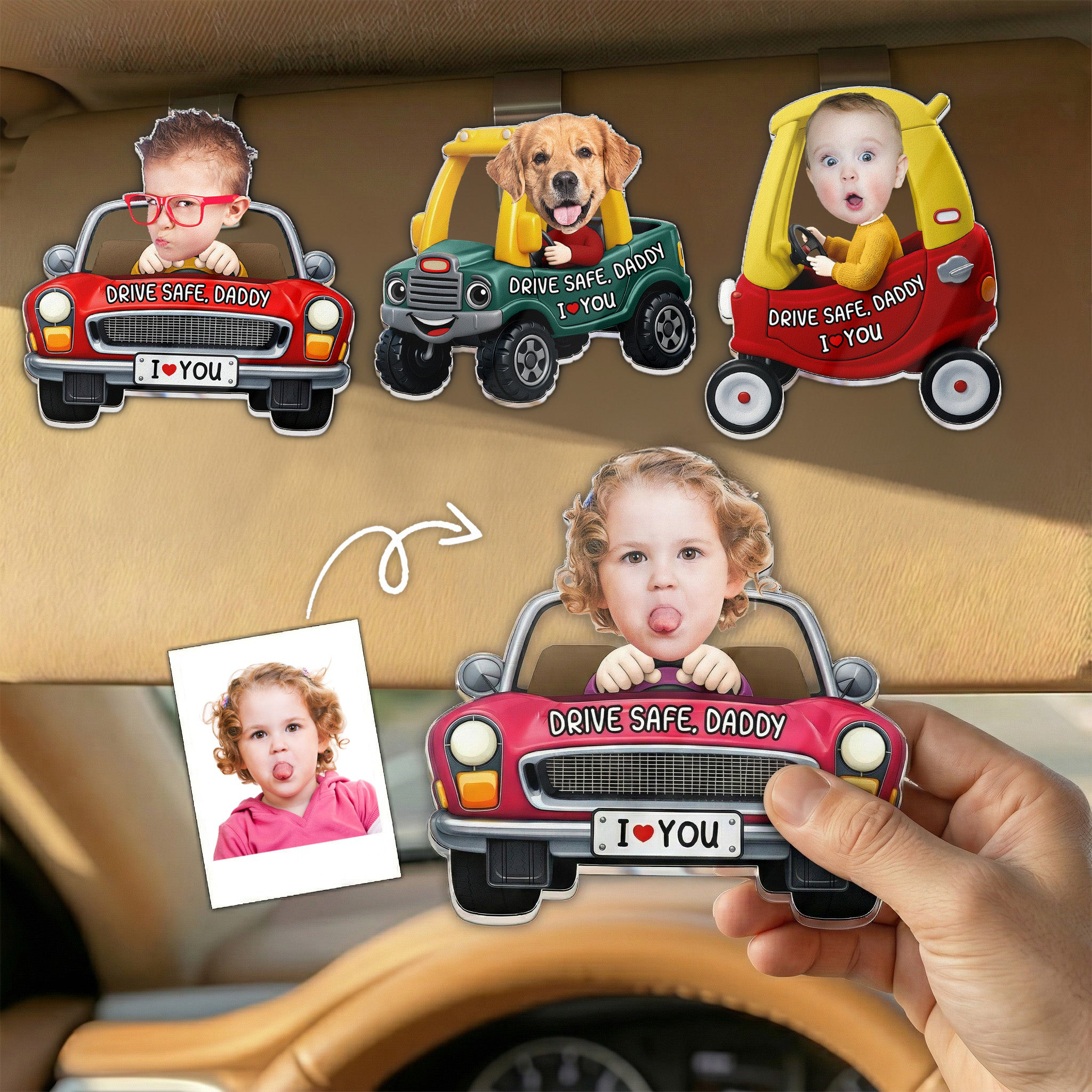 Drive Safe Daddy Papa Mommy Uncle Upload Cute Kids Photo Personalized Acrylic Visor Clip