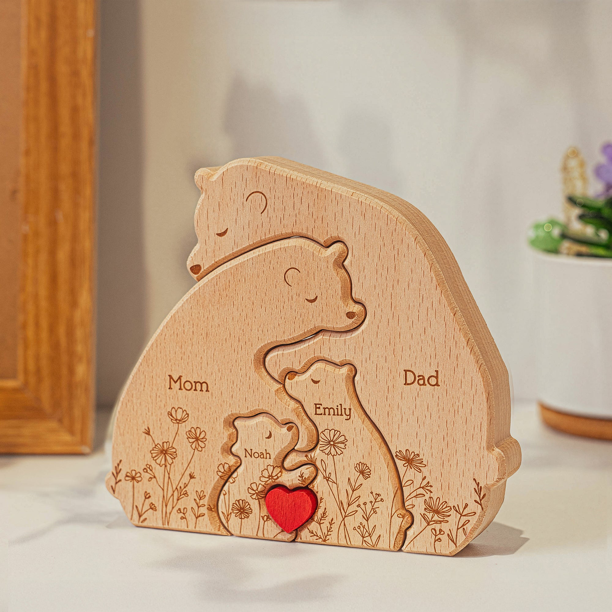 Hugging Bear Family Floral Version - Wooden Bear Family Puzzle