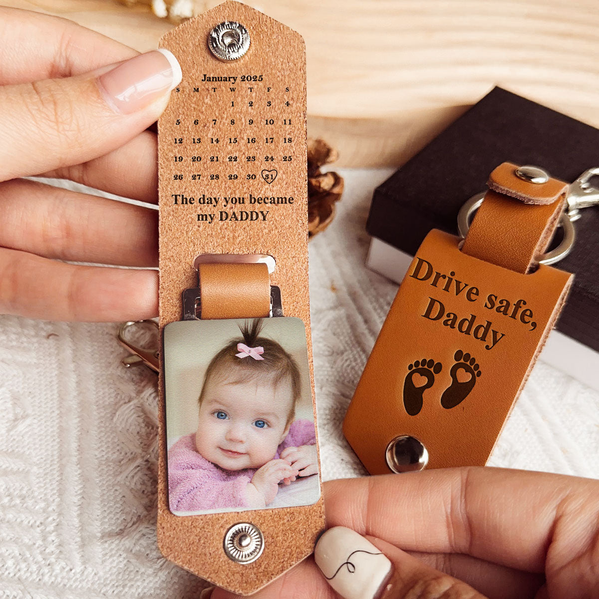 The Day You Became My Daddy Custom Calendar Personalized Leather Photo Keychain