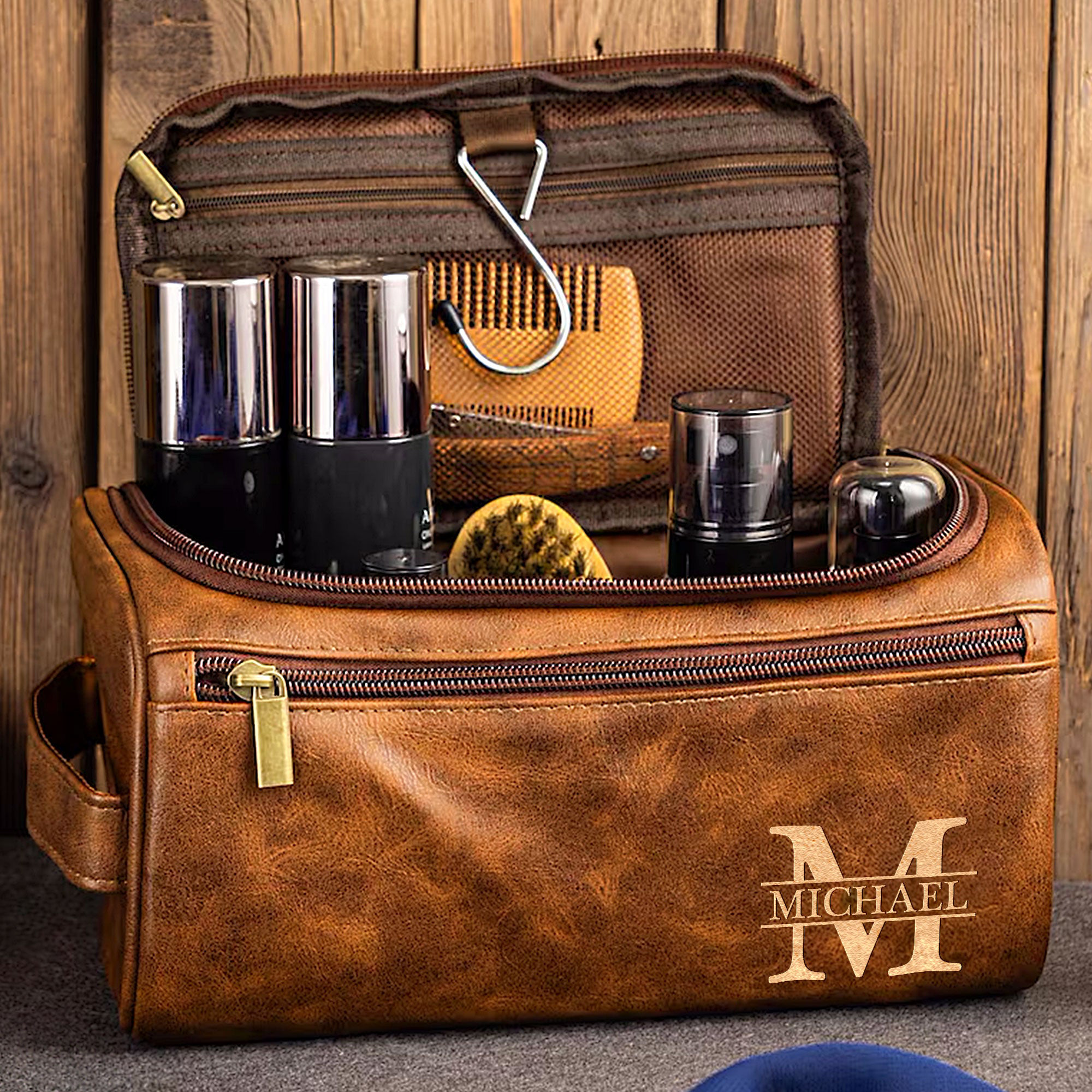 Vintage Monogram Personalized Leather Toiletry Bag
